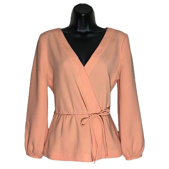 J Crew Top Womens 2 Peach Faux Wrap Draped Crepe V-Neck Long Sleeve Preppy - Picture 1 of 11